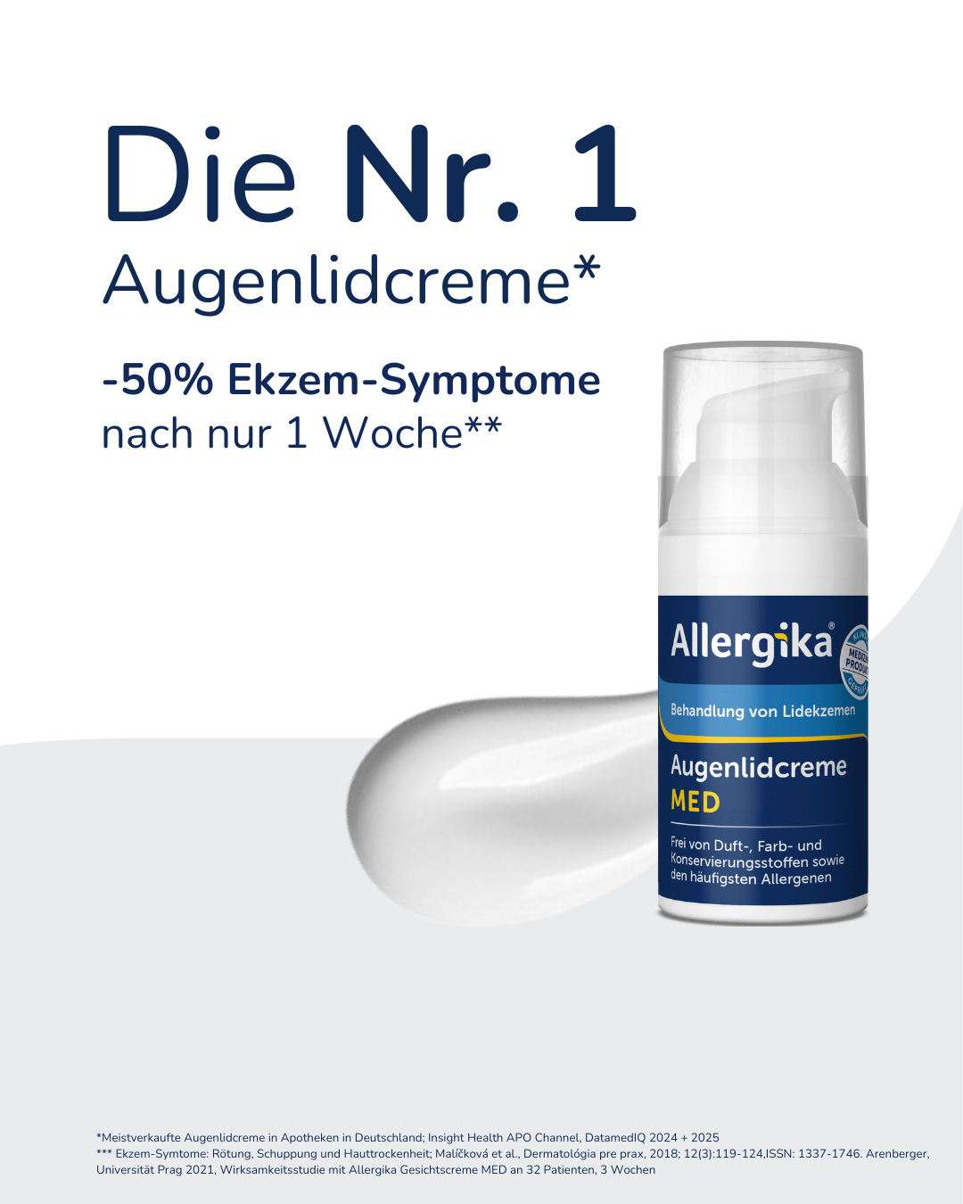 Pumpflasche Augenlidcreme MED von Allergika. Text: Die Nr. 1 Augenlidcreme. Weißer Klecks.